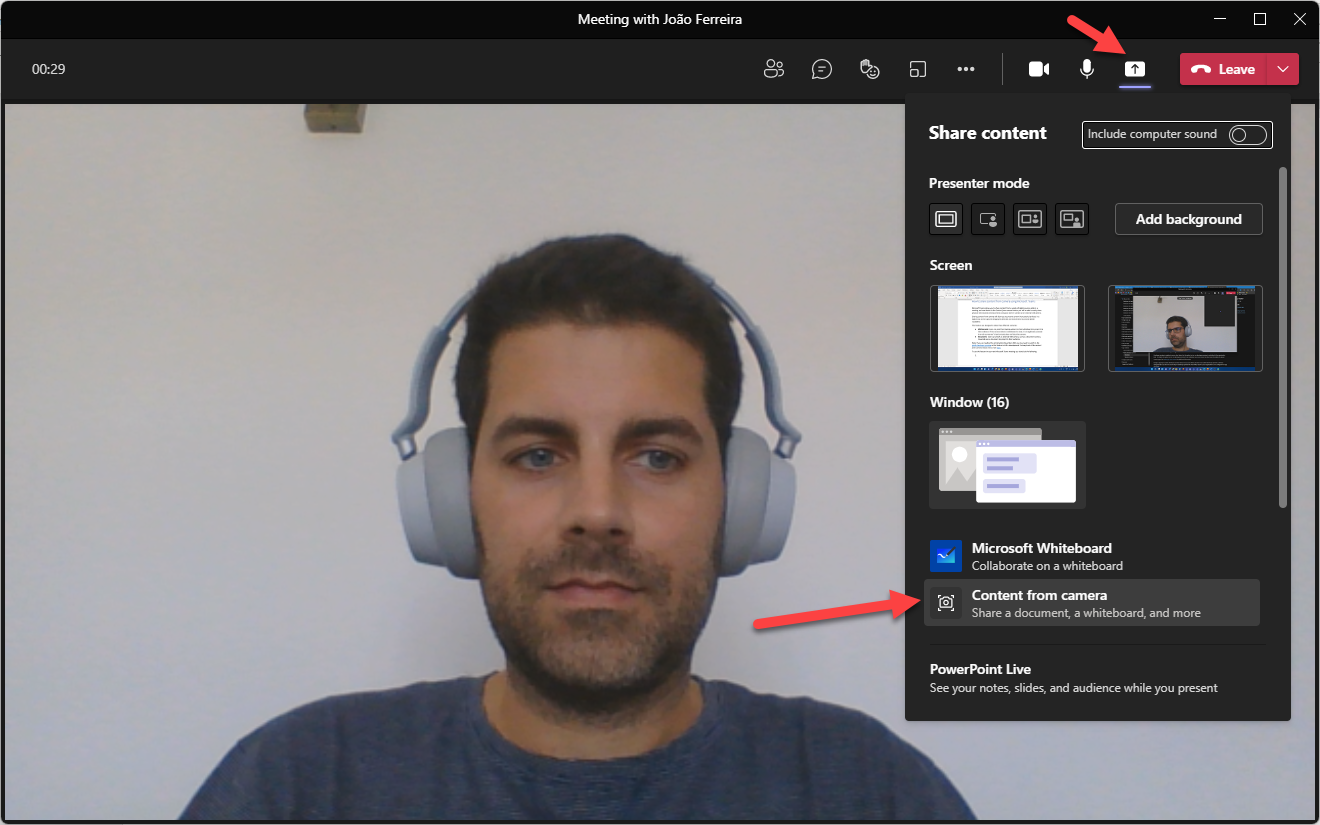Microsoft Teams content from camera